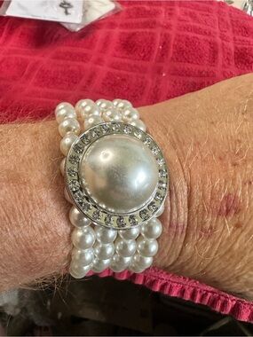 Pearl Multi-Strand Faux Pearl Bracelet with Crystal Accent - White and Silver